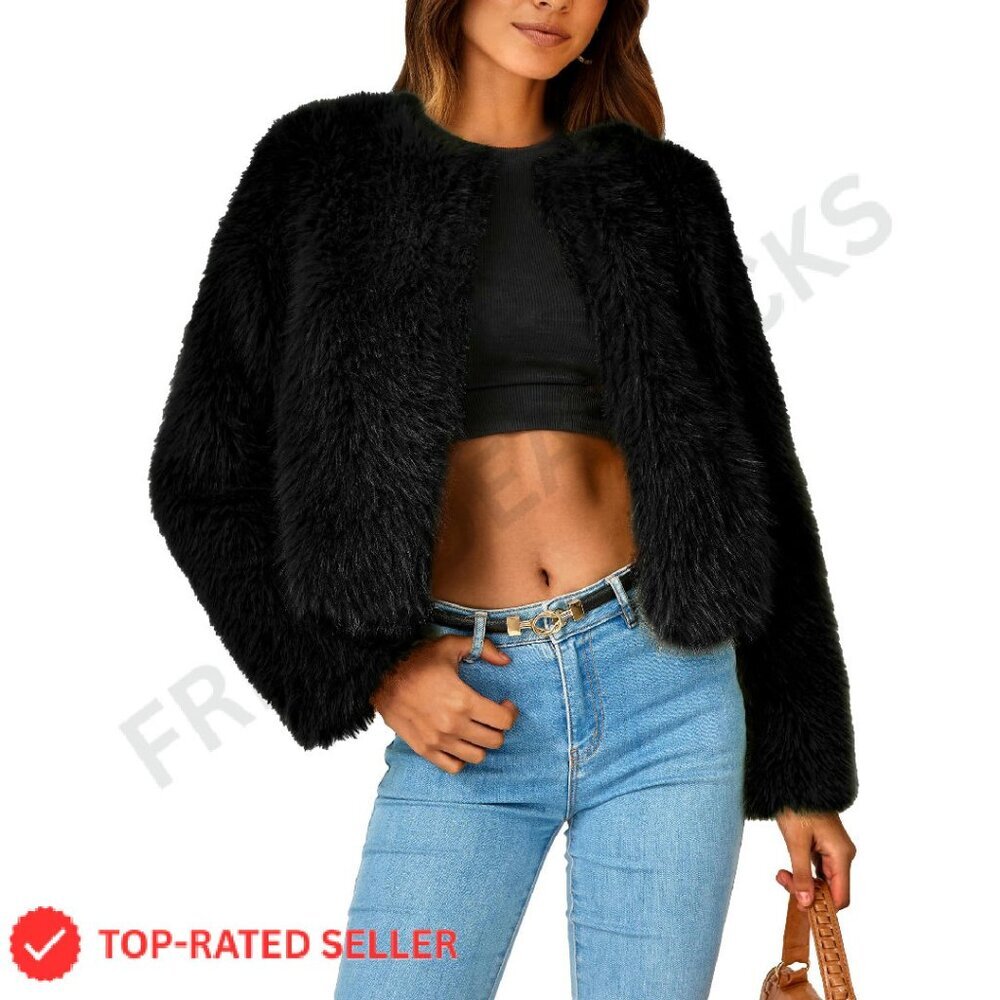 Faux Fur Cropped Jacket Fleece Winter Coat Chic Y2K Oversized Pockets